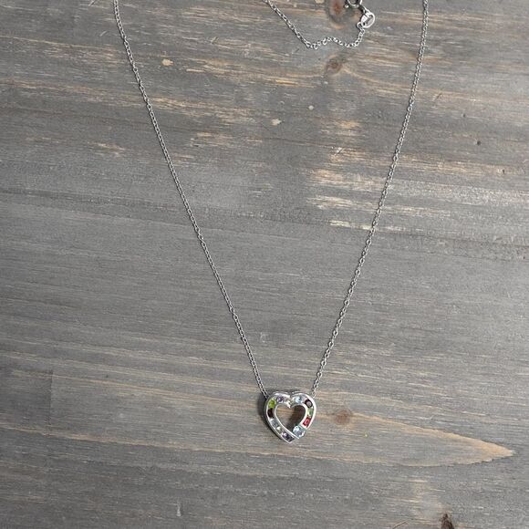 Sterling Silver Small Heart Pendant Necklace Box Chain 16" Multicolor Crystals - Picture 1 of 8